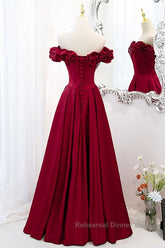 Noble And Elegant Wine Red Sleeveless Off Shoulder Beaded Ball Dress With Wine Red A-Shaped Backless Strap And Ground Length Ruffled Hem Semi Formal Prom Dress